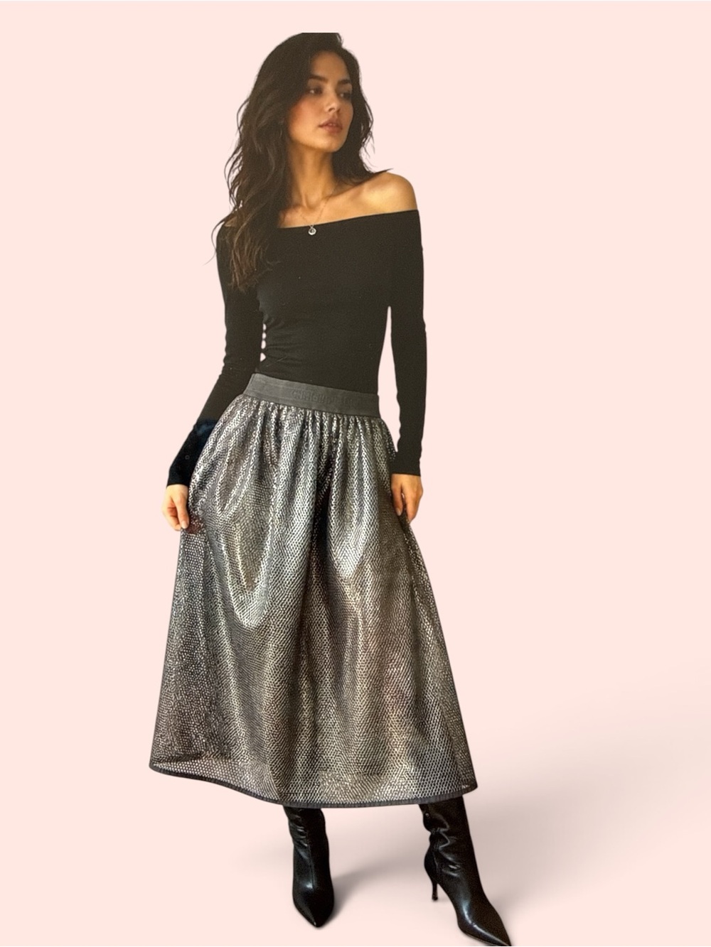 Christian Dior Metallic Silver Midi Skirt with Elastic Waist